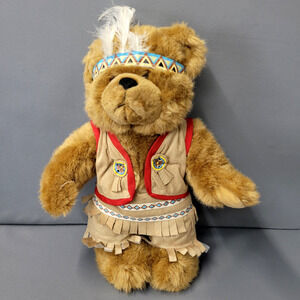 Vintage Plush Teddy Bear #01939 Feather Headband Suede Vest Fringe Skirt 13 Inch
